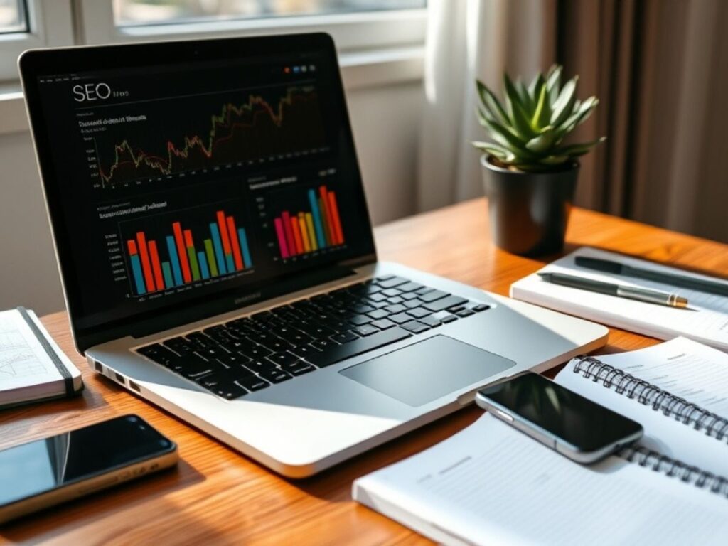 Laptop displaying SEO analytics on a modern work desk