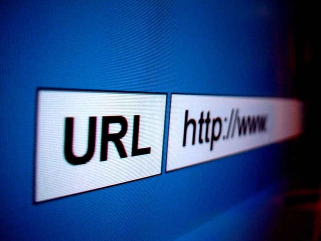 Close-up of a browser URL field on a blue screen