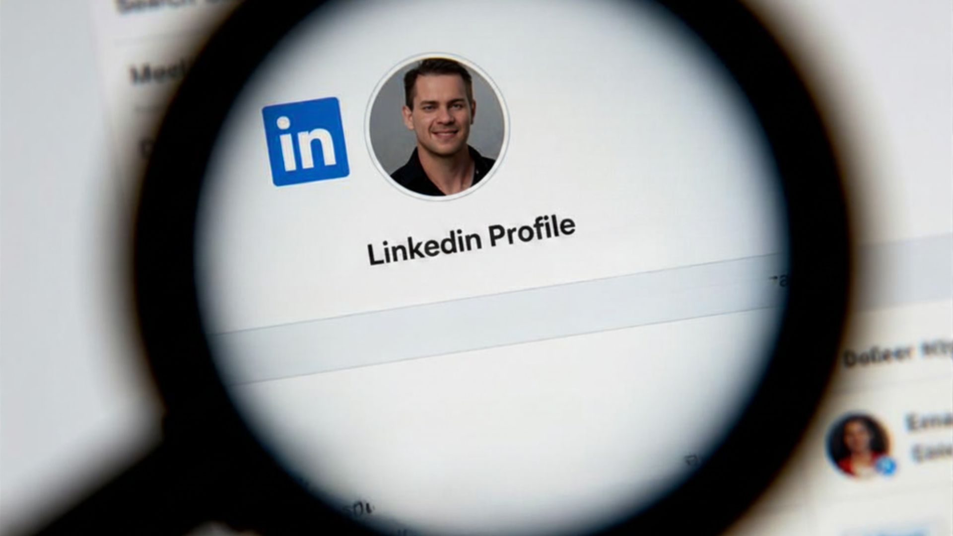 LinkedIn profile viewed through a magnifying glass