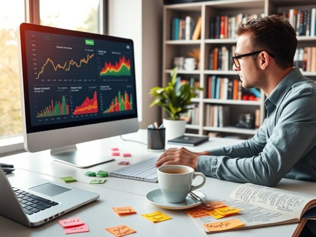 SEO professional reviewing analytics charts at home office