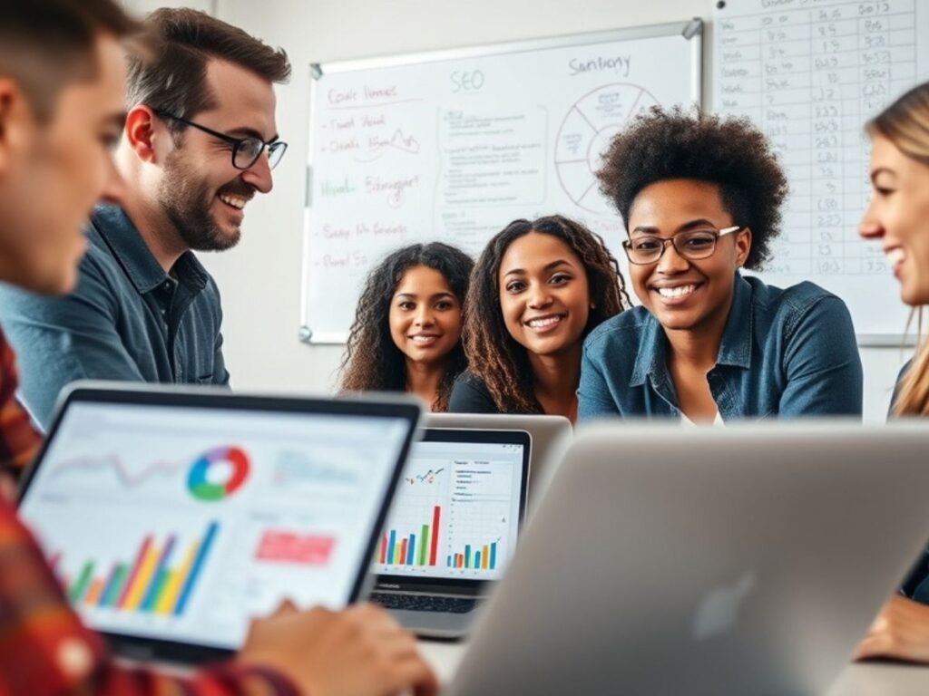 SEO team collaborating during a strategy meeting