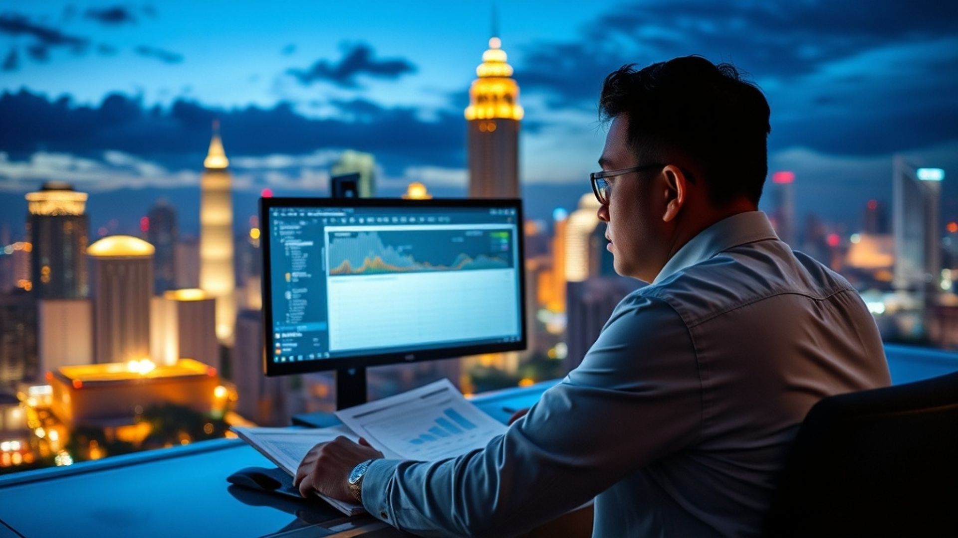 SEO specialist reviewing analytics with city skyline at night