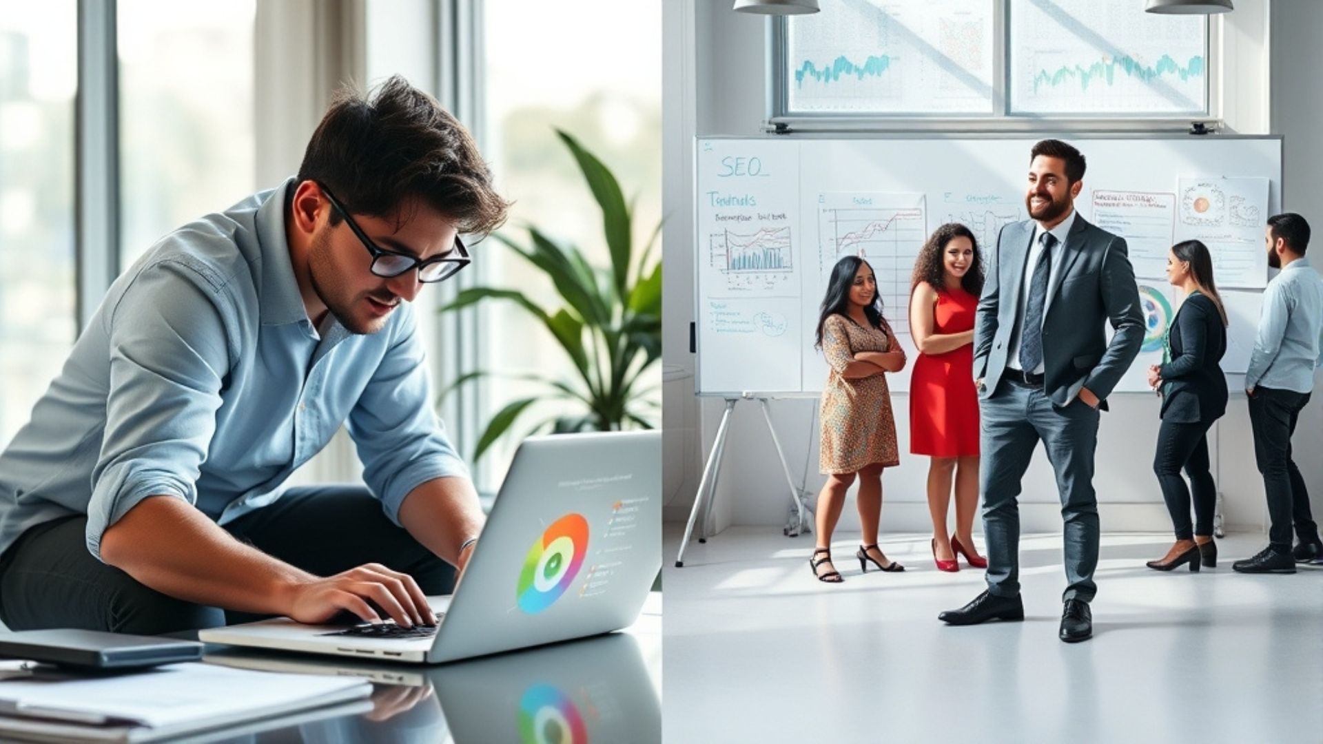 SEO specialist and manager roles compared in a modern office setting