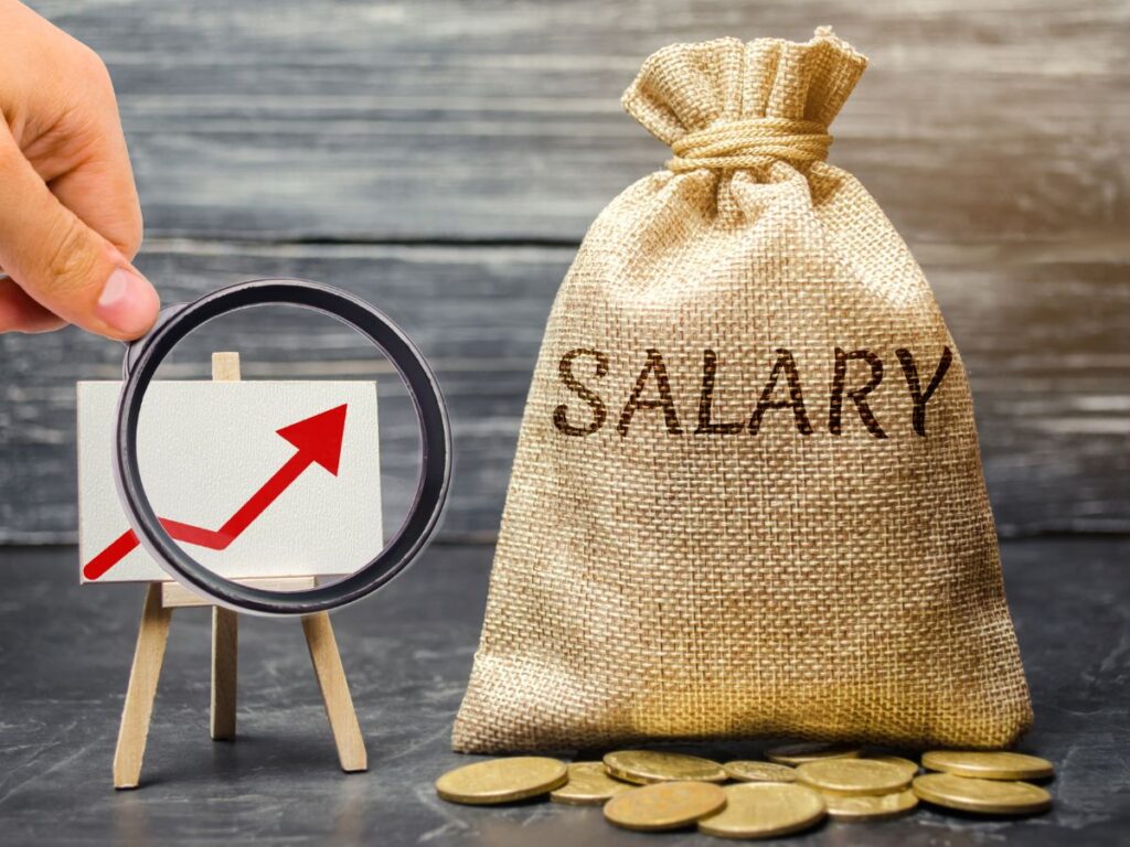 Salary growth concept with money bag and rising chart