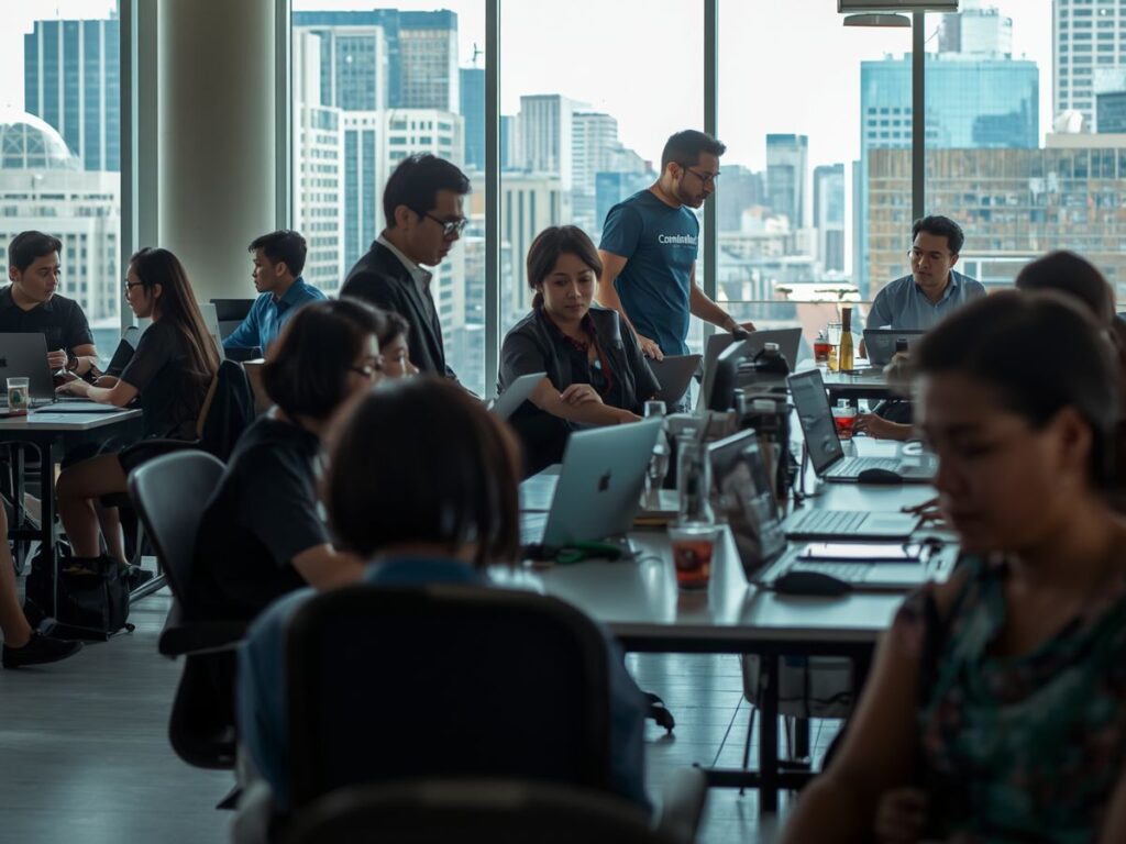 Busy digital marketing team working in a modern office space