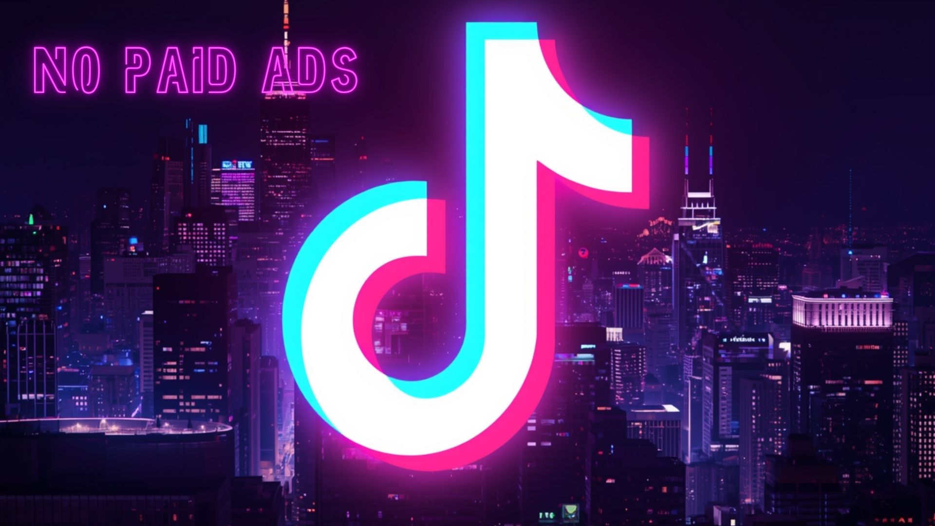 TikTok logo glowing over a neon city skyline