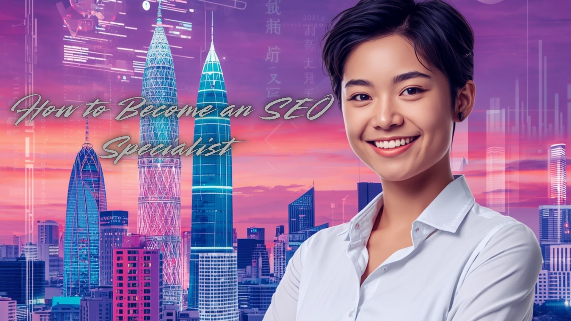 Smiling SEO specialist with futuristic city skyline background