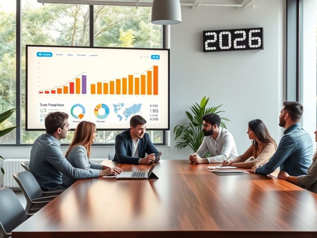 Team meeting discussing SEO growth and analytics for 2026