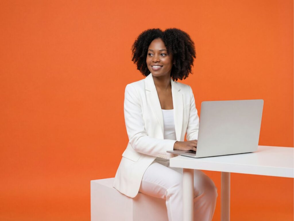 Professional SEO manager working confidently on a laptop