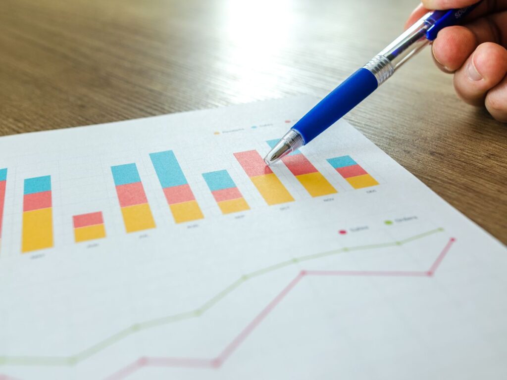 Pen pointing at colorful analytics charts