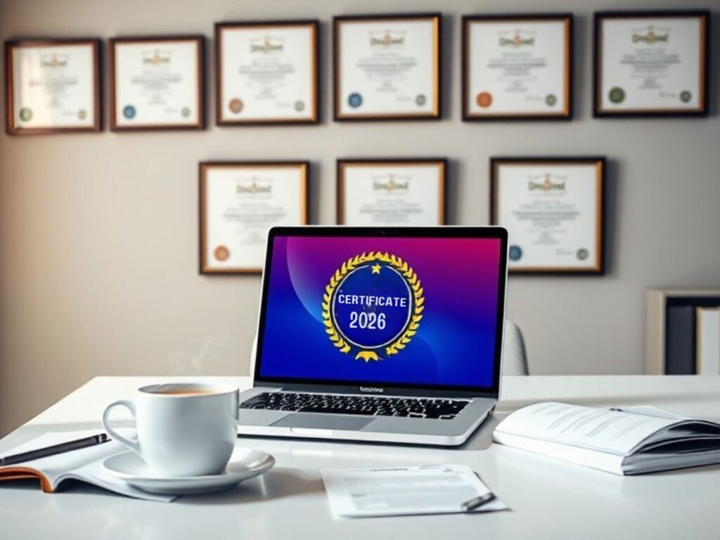 Laptop displaying certification badge in a professional workspace