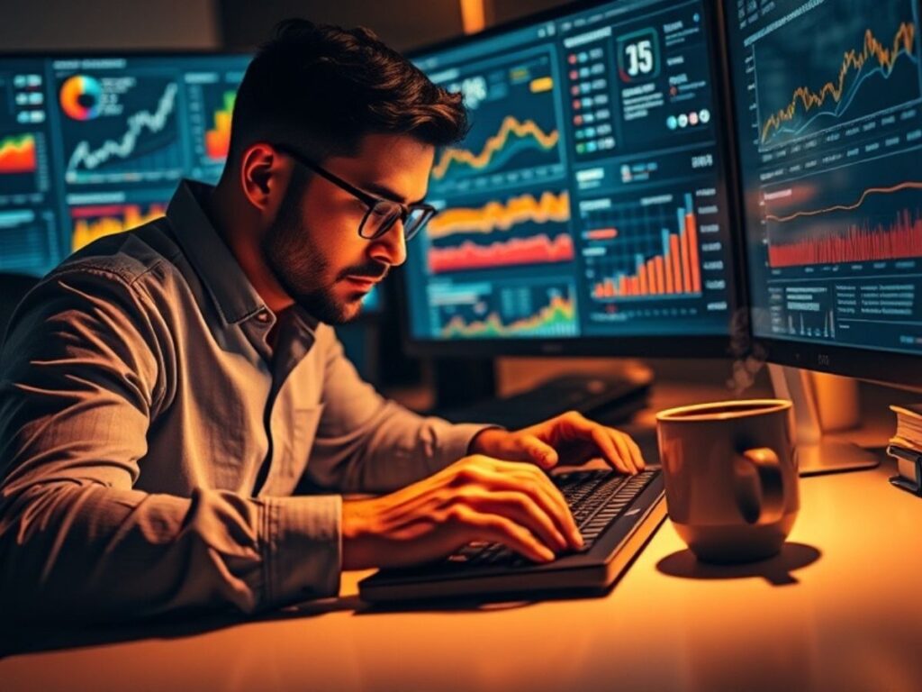 SEO analyst working with multiple analytics dashboards at night
